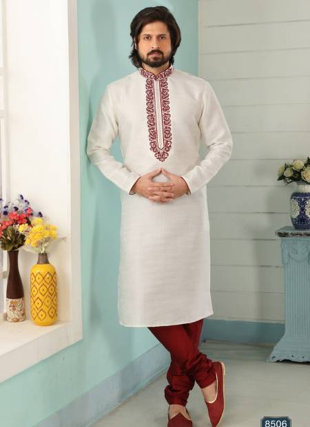Off White And Maroon Designer Fancy Party And Function Wear Traditional Art Banarasi Silk Kurta Churidar Pajama Redymade Collection 1036-8506